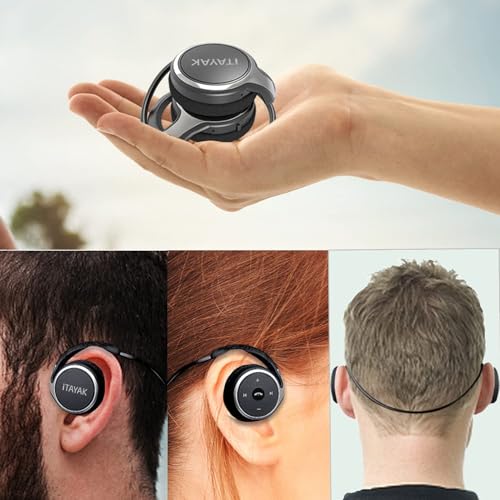 itayak Behind The Head Headphones, Bluetooth 5.0 Neckband Around Head Headphones Lightweight Small Foldable Wireless Sports Sweatproof Headset with Microphone & Carrying Case (Black) - color: Black