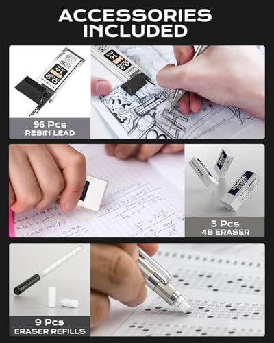 Nicpro 4 Pack Metal Mechanical Pencil Set 0.9mm, MB1000 Lead Drafting Pencil 0.9 mm with 6 Tube HB #2 Lead Refill, 3PCS 4B Eraser, 9 Cap Eraser for Artist Writing, Sketching, Drawing- Come with Case - style: 4 Pack （0.9mm）