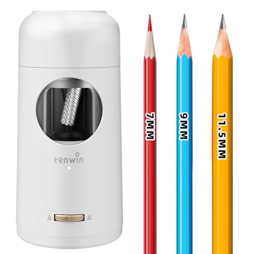 tenwin Rechargeable Electric Pencil Sharpener, Fully Automatic Pencil Sharpener for 7-11.5mm Jumbo Pencils, Hands-Free Sharpener for Colored Pencils, Auto in&Out, Adjustable Pencil Nibs, Silver - color: Premium Silver