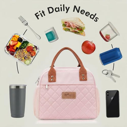 HOMESPON Insulated Lunch Bag for Women Men, Cooler Tote Box, Pink | Front Pocket, Side Mesh Pockets, Reusable, for Work, Picnic, Food Container - color: Pink