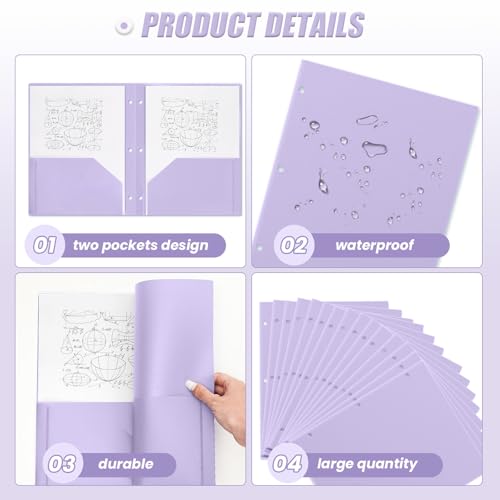 Yeaqee 50 Pcs Plastic Folders with Pockets Bulk 3 Hole Punched 2 Pocket File Folders for 3 Ring Binder Divider Folder for Notebooks, Durable Poly for Office Home (Light Purple) - color: Light Purple