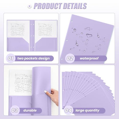 Yeaqee 50 Pcs Plastic Folders with Pockets Bulk 3 Hole Punched 2 Pocket File Folders for 3 Ring Binder Divider Folder for Notebooks, Durable Poly for Office Home (Light Purple) - color: Light Purple