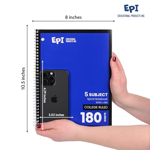 EPI Spiral Notebook | 5 Subject - College Ruled - 180 Sheets, Durable Spiral Binding | 10.5 x 8 in | Classroom Supplies | School, Office, Note Taking, Journaling - 3 Pack - size: Pack of 3, style: 5 Subject - College Ruled