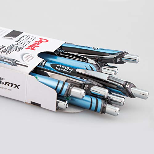 Pentel® EnerGel™ Deluxe RTX Retractable Liquid Gel Pens, Fine Point, 0.5 mm, 54% Recycled, Blue Barrel, Black Ink, Pack Of 12 Pens - color: Black, size: 12 Count (Pack of 1)