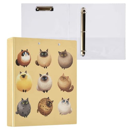 Fustylead Round Fluffy Chubby Cat Pattern Funny 3 Ring Binder, D-Rings 1.5" Hardcover Folder, Fits 200 Sheets of A4 Paper, Durable Clipboard & Clean View with Inside Pockets for School Home Office - size: 12.4x10.63x2.36 Inch-1 Pack