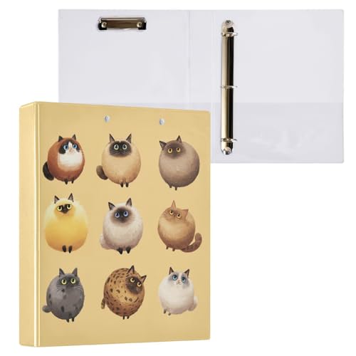 Fustylead Round Fluffy Chubby Cat Pattern Funny 3 Ring Binder, D-Rings 1.5" Hardcover Folder, Fits 200 Sheets of A4 Paper, Durable Clipboard & Clean View with Inside Pockets for School Home Office - size: 12.4x10.63x2.36 Inch-1 Pack