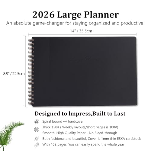 Leanga 2026 Planner, Dated Weekly & Monthly Calendar Planner with Goal Setting and Habit Tracker for Student and Teacher, for Life and Work-13-1/2" x 9",Hardcover, Large Desk Agenda-Black - color: Black