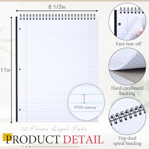 MotiMind 10 Pack 8.5" x 11" Top Spiral Notebook with 3 Hole Punched White Legal Pads College Ruled Notepad 50 Sheets Hard Cardboard Paper Wirebound Notepad for Office Business School - color: Vivid Colors