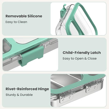 LOHASOK Kids Stainless Steel Lunch Bento Box BPA-Free Leak-Proof Tritan Lid 304 Metal Food Container with 3 Compartments for Girls Boys School Green - color: Green, size: 27oz/800ml