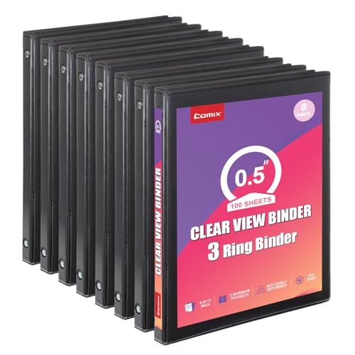 Comix Durable 0.5 Inch 3 Ring Binder, Round View Binder for Office or School, Fits 100 Sheets of 8.5x11 Paper, PVC-Free & Foldable Spine, Made in North American, 8 Pack (Black) - color: Black, size: 1/2 inch, style: 8 Pack