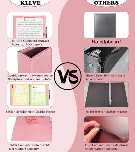 3 Ring Binder 1 Inch, Leather Binders with Clipboards, KLLVE Three Ring Binder with 10 Pocket Divider(Pink, Letter Size) - color: Pink