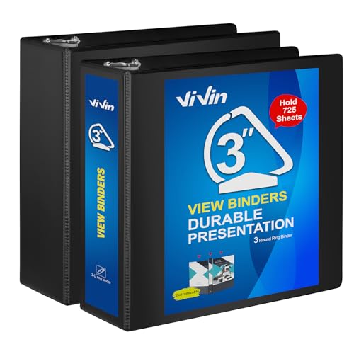 ViVin Durable 3 inch D Ring View Binder, Large 3" Slant-D Ring with 725-Sheet Capacity, Fit 8.5" x 11" Paper, 2 Pack(Black) - color: Black, size: 3 Inch, style: 2 Pack