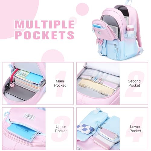 Bevalsa Backpack for Girls, Bow Bookpack with Bento Lunch Box, Insulated Bag & Utensils, 34oz Lunch Containers School Bags Set for Children Teens Kids Elementary Middle school Student (Pink-Blue) - color: Pink-blue