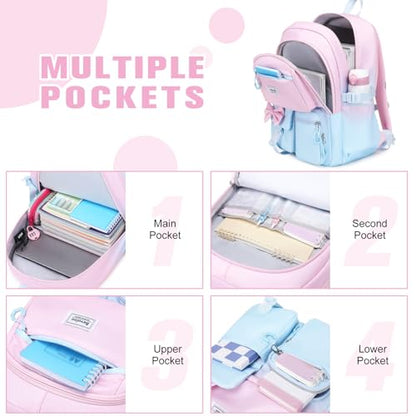 Bevalsa Backpack for Girls, Bow Bookpack with Bento Lunch Box, Insulated Bag & Utensils, 34oz Lunch Containers School Bags Set for Children Teens Kids Elementary Middle school Student (Pink-Blue) - color: Pink-blue