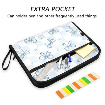 13 Pockets Expanding File Folder Blue Bow Checkboard Accordion File Organizer A4 Letter Size Paper Document Storage Zipper Expandable Folders with Labels
