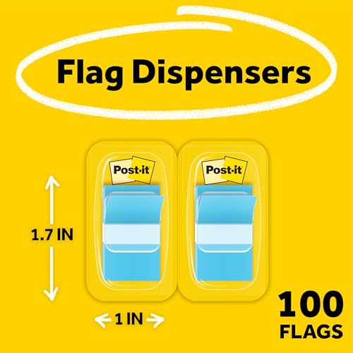 Post-it Flags, 1 in. x 1.7 in., Two Dispensers with 50-Count Bright Blue Sticky Tabs Per Dispenser (100 Flags Total), Removable Page Markers for Textbooks, Notebooks, Planners, and Study Materials