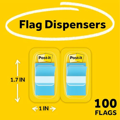 Post-it Flags, 1 in. x 1.7 in., Two Dispensers with 50-Count Bright Blue Sticky Tabs Per Dispenser (100 Flags Total), Removable Page Markers for Textbooks, Notebooks, Planners, and Study Materials