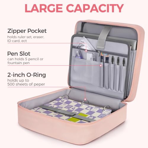 Ytonet Zipper Binder Bag, 2 Inch 3 Ring Binder with Zipper Fit 14 Inch Laptop, 500 Sheets Capacity Zippered Binders with Shoulder Strap & Removable O-Ring Pad for Middle School Student Girls, Pink - color: Pink, size: 2 Inch O-ring