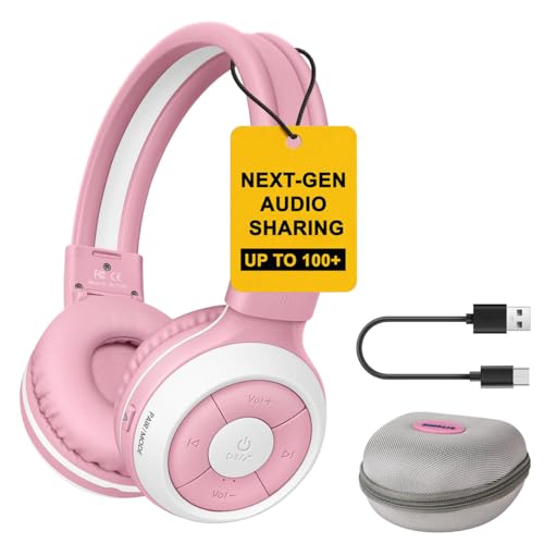 SIMOLIO Manyshare Bluetooth Kids Headphones with Microphone for School,Pink | Broadcast Audio to 100+ Headphones at Once. Wireless Kids Headphones with Mic for School, Travel, Tablets and Group Listening - color: Rose Pink