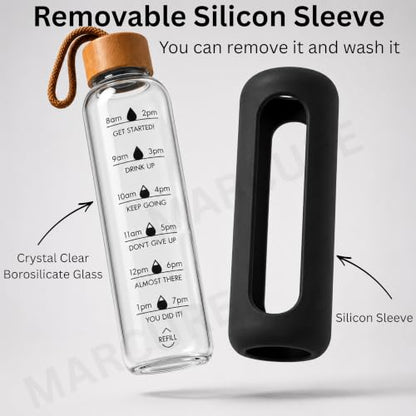 1 Litre Borosilicate Glass Water Bottle, Motivational Hydration Tracker Bottle with Bamboo Lid, Protective Silicone Sleeve | Reusable Bottle, Leak-Proof, BPA-Free, Time Marker, Black - color: Black
