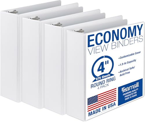 Samsill 4 Inch 3 Ring Binders, Economy Round Ring, Clear View Cover, 675 Sheet Capacity - for School, Home, Office - White, 4 Pack - color: White, size: 4-Pack, style: 4-Inch
