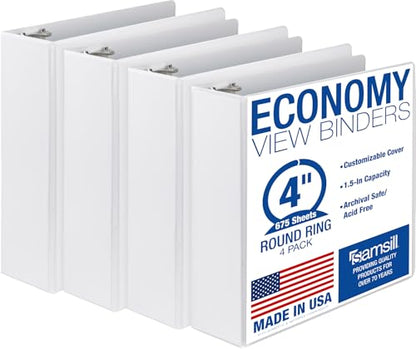 Samsill 4 Inch 3 Ring Binders, Economy Round Ring, Clear View Cover, 675 Sheet Capacity - for School, Home, Office - White, 4 Pack - color: White, size: 4-Pack, style: 4-Inch
