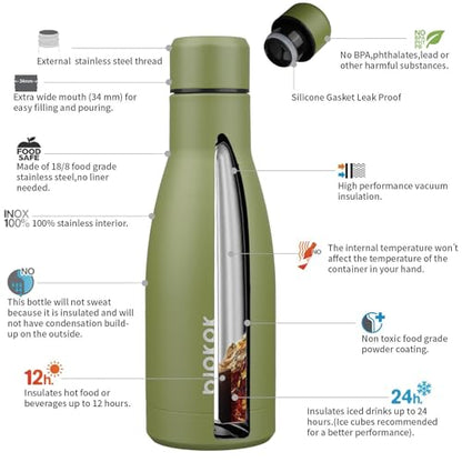 BJPKPK 12oz Water Bottles Stainless Steel Double Wall Vacuum Insulated Small Water Bottles for Travel,Olive Green - color: Olive Green, size: 12 Ounces