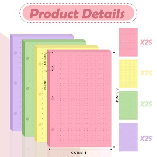 100 sheet Half Letter Dotted Refill Paper 3 Hole Punch 5-1/2 x 8-1/2 College Ruled Dot Grid Paper Refill Colored Mini Binder Paper Planner Inserts Fits Mini 3 Ring Binder Office - style: Dotted