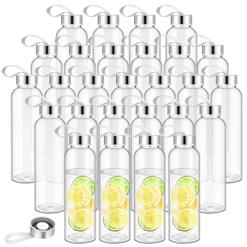 Zubebe 40 Pcs Reusable Water Bottles Bulk Clear Bottles with Stainless Steel Leak Proof Lids Acrylic Bottles with Nylon Carrying Strap Shaker Bottles for Water, Milk, Smoothie, Juice Beverage - size: 14 oz