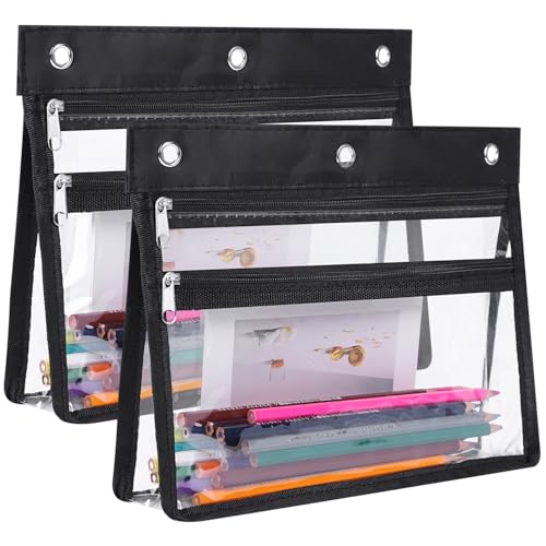 YoeeJob Pencil Pouch for 3 Ring Binder with 1.5 inch Expandable Large Capacity, 2 Pack Double Pockets Zipper Pencil Case, Pencil Binder Pouch for School Office Home - color: black