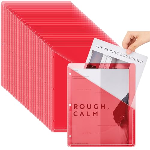 Seajan 48 Pcs Pocket Folders for 3 Ring Binder Clear Plastic Folders Sleeves with 2 Pockets 3 Hole Punch Binder Dividers Poly Slash File Jackets for Office School Document Organizer (Red) - color: Red