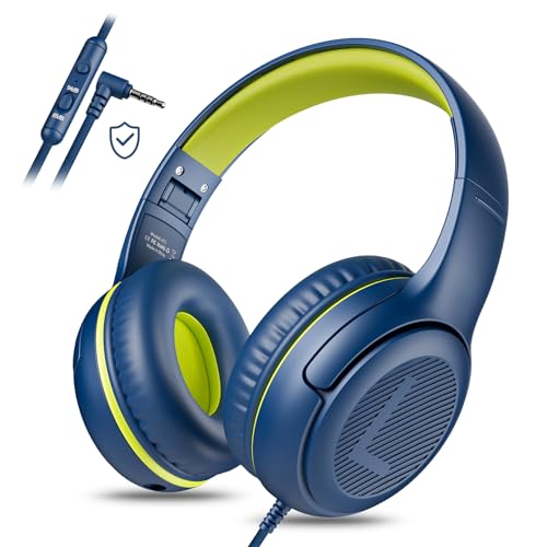 awatrue Kids Headphones for School Travel, 85/94dB Safe Volume Limit, 3.5mm Jack, HD Mic, Portable Wired Headphone with Shareport, Stereo Sound On-Ear Headphones for Toddler Kids Girls Boys Bluegreen - color: BlueGreen