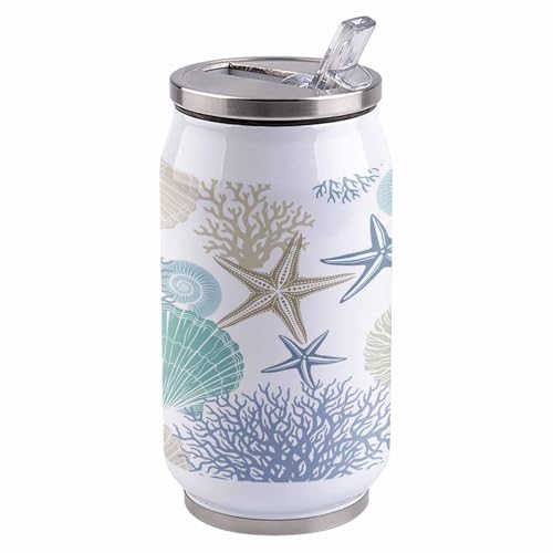 T&H XHome Rustic Nautical Coastal 14oz Stainless Steel Tumbler with Lid & Straw-Double Wall Vacuum Insulated Travel Mug Ocean Sea Star Coral Shell Water Bottle Coffee Beverage Drinks Cup - size: 14 Ounces