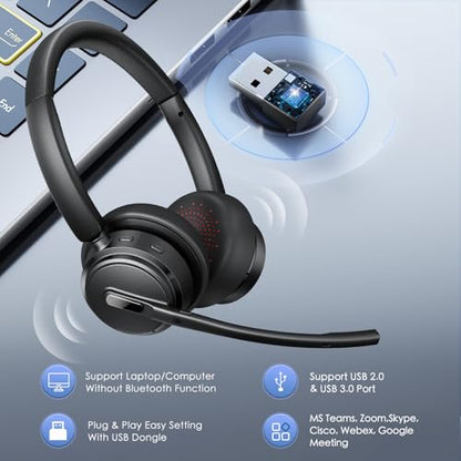 Mopchnic Wireless Headset with Noise Cancelling Microphone, On-Ear Bluetooth Headset with USB Dongle, Mute Function & Charging Base, Wireless Headphones for Work from Home and Call Center (Black) - color: Black
