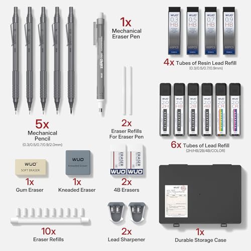 WUO Metal Mechanical Pencil Set, 5-Pack 0.3mm 0.5mm 0.7mm 0.9mm 2.0mm Drafting Pencils with 312 Lead Refills, Precision Eraser Pen, Erasers & Sharpeners for Drawing, Sketching, Writing - color: Grey, size: 0.3/0.5/0.7/0.9/2.0
