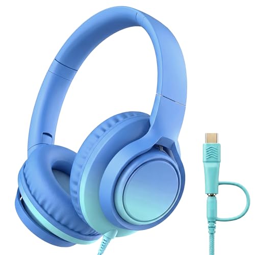 Kids Headphones Wired with Microphone, 85/94dB Volume Limit, 3.5mm Jack & USB-C Adapter, Foldable Over Ear Headset for School, Tablet, iPad, Laptop, Travel(Sky Blue) - color: Gradient Sky Blue & Teal