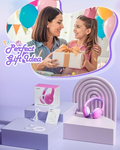 Acer Kids Bluetooth Headphones, 85/94dB Volume Limiter, Foldable Wireless Over-Ear Headphones for iPad, Travel, 60H Playtime, Bluetooth 6.0, Built-in Mic, Pink - color: Pink