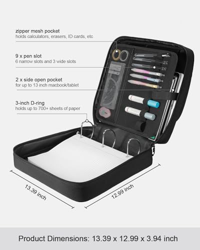3-Inch 3-Ring Zipper Binder with Shoulder Strap and Multiple Pockets | D-Ring Zip Up Binder with 700 Sheets Capacity, Compatible with 13" MacBook/Tablet, for Middle School, Office (Black) - color: Black