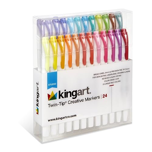 KINGART Studio Twin-Tip Highlighters (24 Unique Soft Pastel Colors). Double-Ended: Broad Chisel & Fine Tips. Quick-Dry, No-Bleed Water-Resistant Ink for Journaling/Art.