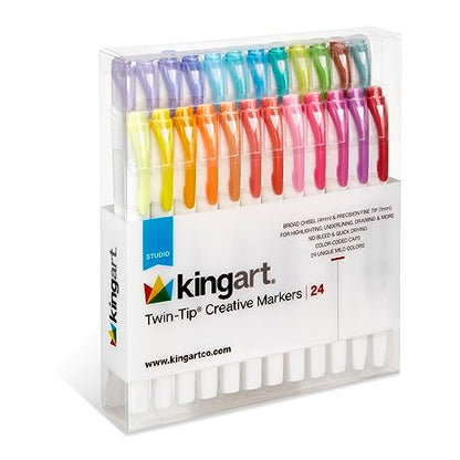 KINGART Studio Twin-Tip Highlighters (24 Unique Soft Pastel Colors). Double-Ended: Broad Chisel & Fine Tips. Quick-Dry, No-Bleed Water-Resistant Ink for Journaling/Art.