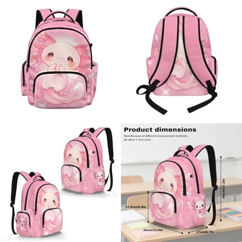 Cute Axolotl Backpack for Girls Boys Backpack with Lunch Box Water Bottle Pouch and Soft Pencil Case 4PCS Set Cute Bookbag with Side Pocket 17" Large School Bag Kids Back to School Gifts - color: Cute Axolotl