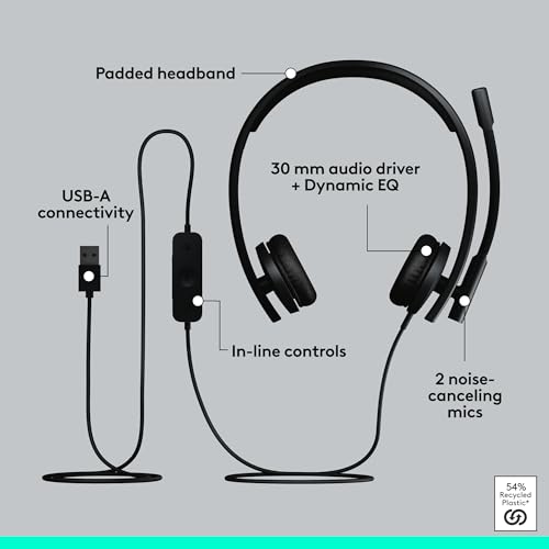 Logitech H570e USB Headset with Microphone for PC and Mac, USB-A Wired Headset with Stereo Sound, Noise-Canceling Mics and Inline Controls, Certified for Microsoft Teams, Black - size: Teams, style: Stereo
