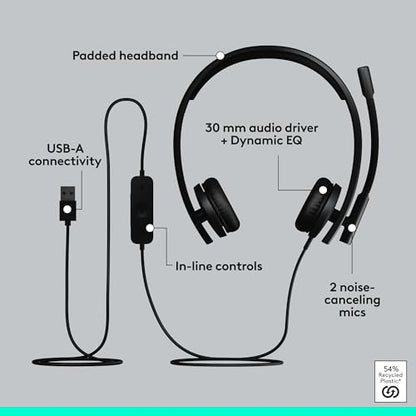 Logitech H570e USB Headset with Microphone for PC and Mac, USB-A Wired Headset with Stereo Sound, Noise-Canceling Mics and Inline Controls, Certified for Microsoft Teams, Black - size: Teams, style: Stereo