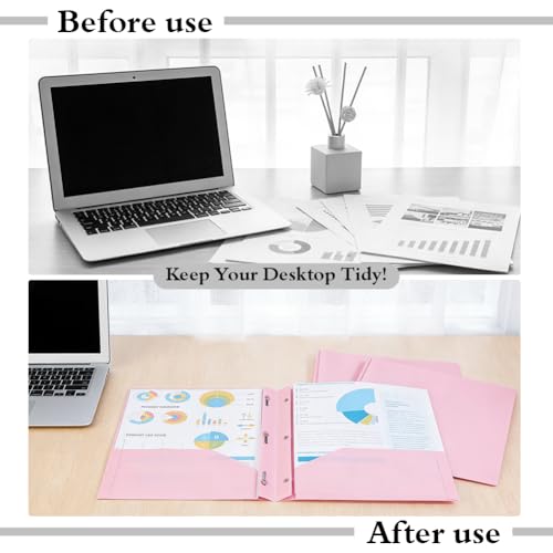 AHANDMAKER 12 Pack Plastic Folders with Pockets and Prongs, Durable 2 Pocket Project File Folders with 3 Prong Fasteners for Letter Size Papers Home School Office Business Use, Pink - color: Pink