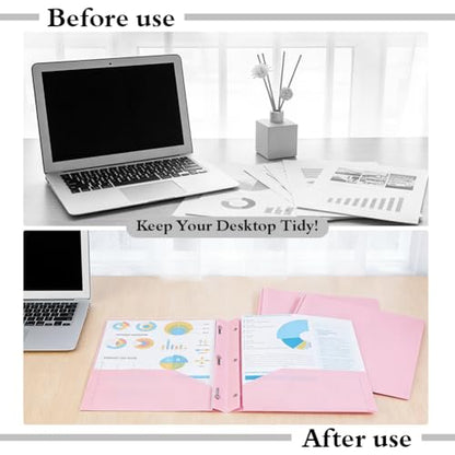 AHANDMAKER 12 Pack Plastic Folders with Pockets and Prongs, Durable 2 Pocket Project File Folders with 3 Prong Fasteners for Letter Size Papers Home School Office Business Use, Pink - color: Pink