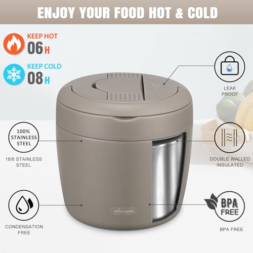 wiwens Thermo Food Jar for Hot Food Adults 32OZ Soup Thermo Lunch Containers Wide Mouth Vacuum Insulated Stainless Steel Leakproof Bento Box with Spoon (Khaki) - color: Khaki