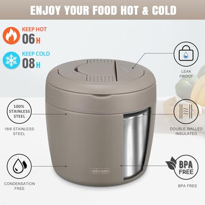 wiwens Thermo Food Jar for Hot Food Adults 32OZ Soup Thermo Lunch Containers Wide Mouth Vacuum Insulated Stainless Steel Leakproof Bento Box with Spoon (Khaki) - color: Khaki