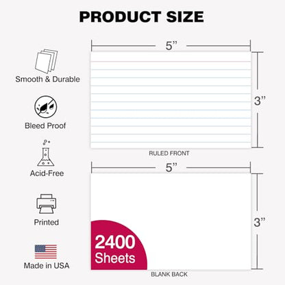 WritePads Index Cards Bulk Heavy Weight Lined Flash Index Card Wide Ruled Study Cards Blank Back Bulk Pack of 2400 Notecards (24pk of 100) for Studying School Home Office Made in USA(3x5) - color: White 3x5-24 Pack