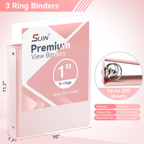 SUIN 1 Inch 3 Ring Binder, Clear 1'' View Presentation Binders with 2 Pockets, Fits 8.5 x 11 Letter Size, Durable Polypropylene, Non-Stick & PVC-Free for School, Office & Home (Brushed Pink) - color: Brushed Pink