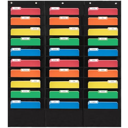 Essex Wares - 30 Pocket File Pocket Chart, Black, 42" Wide x 47" Tall - Versatile Wall Hanging File Folder Organizer for Classroom, Office, Home, and More - Wall Folder Organizer - 30 Pockets - size: 30 Pocket